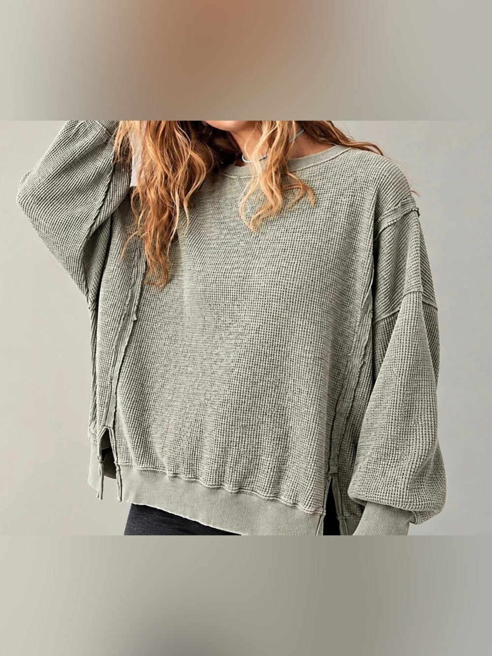 American Eagle Sage Green This Feels Seriously Lived In Waffle Knit Crewneck - S